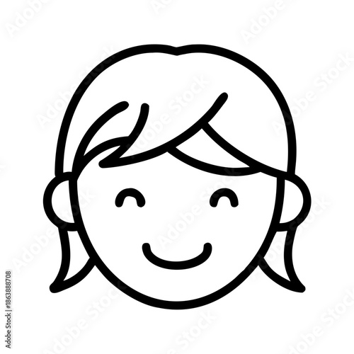 Smiling cartoon girl with short hair and simple facial features  