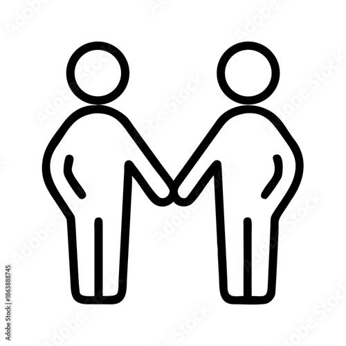 Two stick figures holding hands in simple line art style  