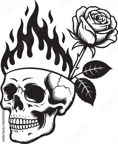 Stylized black and white illustration of a flaming skull with a single blooming rose