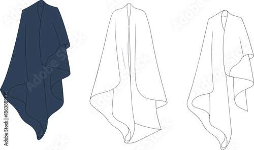 Cad drawing flat vector illustration, cloak fashion template, shawl garment sketch, apparel mockup,