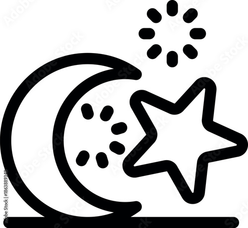 Minimalist vector illustration representing night, sleep, dreams, or a loading process, featuring a crescent moon, star, and loading symbol