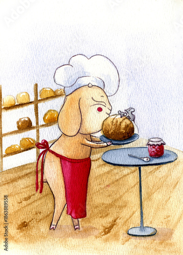 Cute watercolor illustration of a goat baker in a chef hat and red apron holding fresh bread. A small mouse sits on the loaf in a cozy bakery with shelves of buns and a jar of jam on the table.