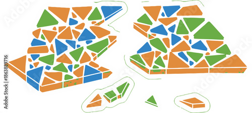 Colorful Geometric Triangles Forming Abstract Broken Shapes on Transparent