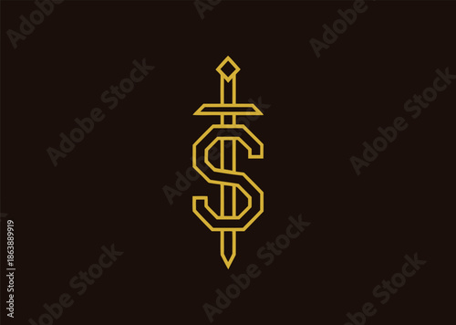 A dynamic line logo combining the letter S and a sword, expressing agility, strength, and heroic identity in a minimalist outline style