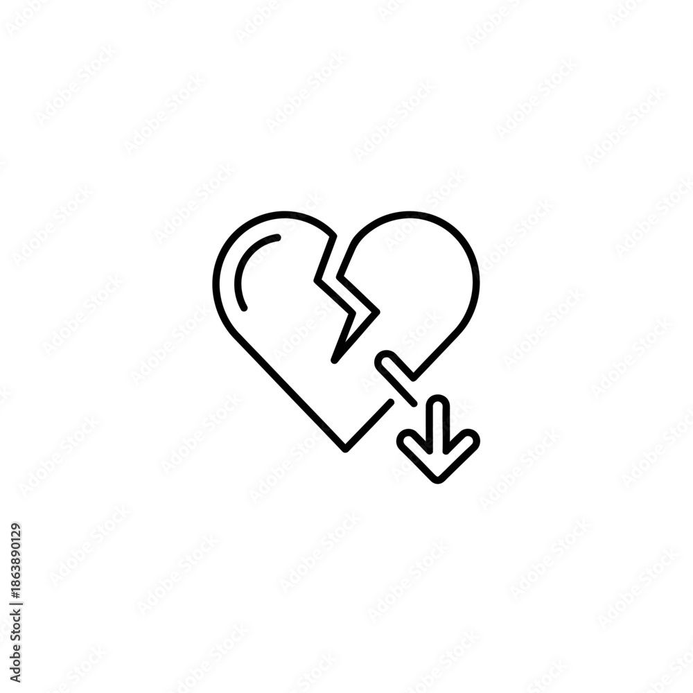 Obraz premium Broken Heart Icon with Downward Arrow Illustration for Emotional Support and Heartbreak Themes