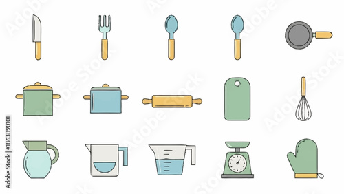 Collection of kitchen utensils and appliances in minimalist style.
