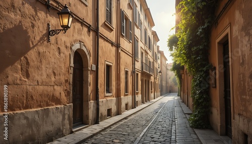 Sunlit cobblestone alley flanked by warm ochre buildings and climbing vines