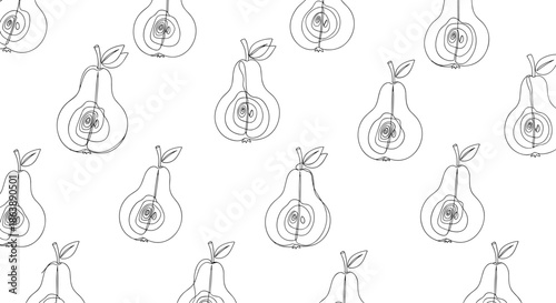 Seamless pattern of hand-drawn pear halves in a black and white sketchy outline style, perfect for kitchen textile designs.