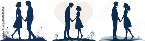 Romantic dating couples walking holding hands standing under big heart shape grass field silhouettes illustration.