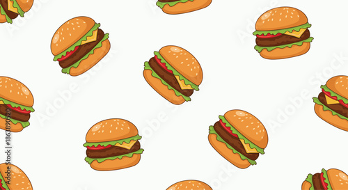 Seamless pattern background of delicious cartoon cheeseburgers with lettuce, tomato, and cheese on a light neutral backdrop.