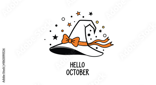 Hello October greeting with a cute witch hat illustration featuring an orange bow, stars, and sparkles for the Halloween season.