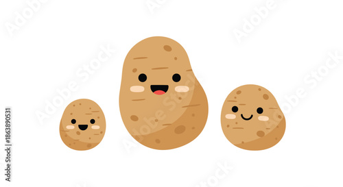 Adorable kawaii cartoon potato family with cute smiling faces, featuring one large and two small potatoes on a white background.