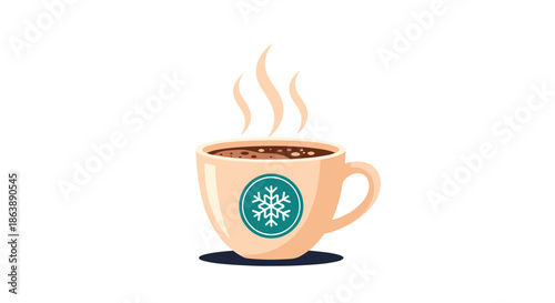 Steaming hot cup of coffee or cocoa with a snowflake symbol, representing a cozy and warm winter beverage on a cold day.