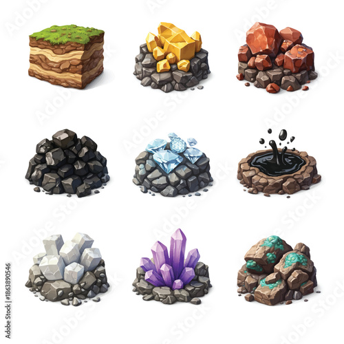 Isometric Mineral and Resource Icons Collection for Games
