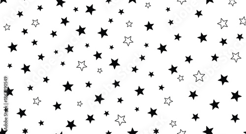 Seamless monochrome pattern with randomly scattered black and outline stars of various sizes on a simple white background.