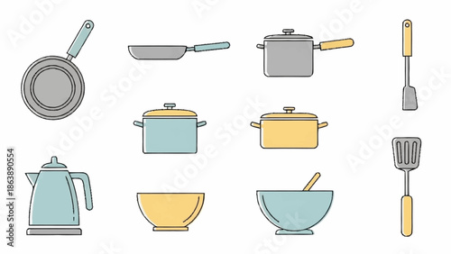 Collection of kitchen utensils and cookware icons in minimalist style.