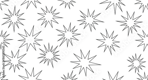 Seamless black and white pattern featuring scattered starburst or explosion outline shapes, a simple abstract geometric background.