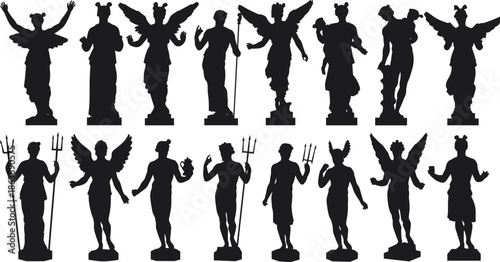 Ancient Greek and Roman Statue Silhouettes, Mythological Gods and Goddesses, Winged Figures, Classic Sculptures Vector Art for History and Design