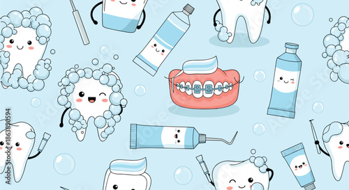 Seamless pattern for dental care with cute kawaii characters of teeth, toothpaste, and braces on a light blue background with bubbles.