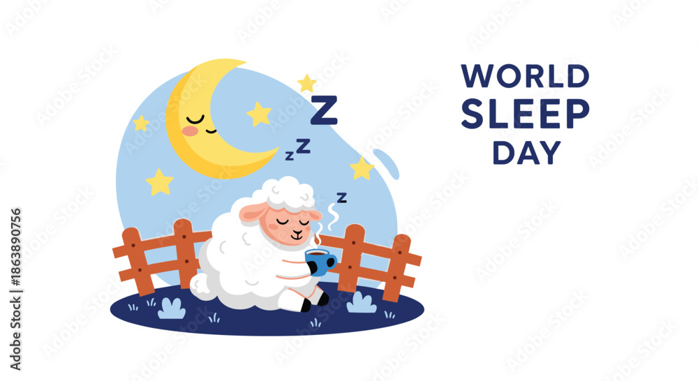 Naklejka premium World Sleep Day illustration with a cute sleeping sheep holding a mug next to a smiling crescent moon in a starry night sky.