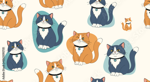 Seamless pattern of cute and fluffy cartoon cats in ginger and blue-gray colors sitting and winking on a light background.
