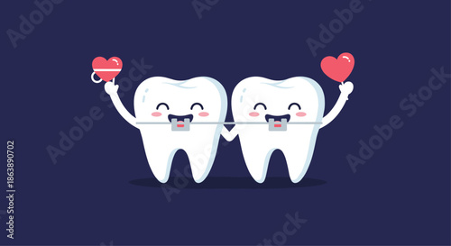 Cute cartoon teeth characters with braces holding hands and red hearts, representing love and orthodontic dental care concepts.