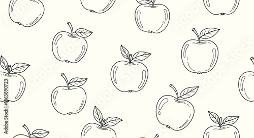 Hand-drawn seamless pattern featuring sketched apples with leaves in a black outline style on a simple light cream background.
