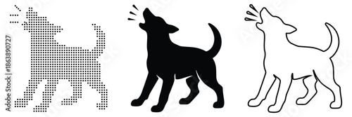 Three stylized silhouettes of dogs howling, representing different graphic styles.