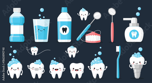 Large collection of cute cartoon dental care icons, including happy teeth characters, a toothbrush, floss, and mouthwash.