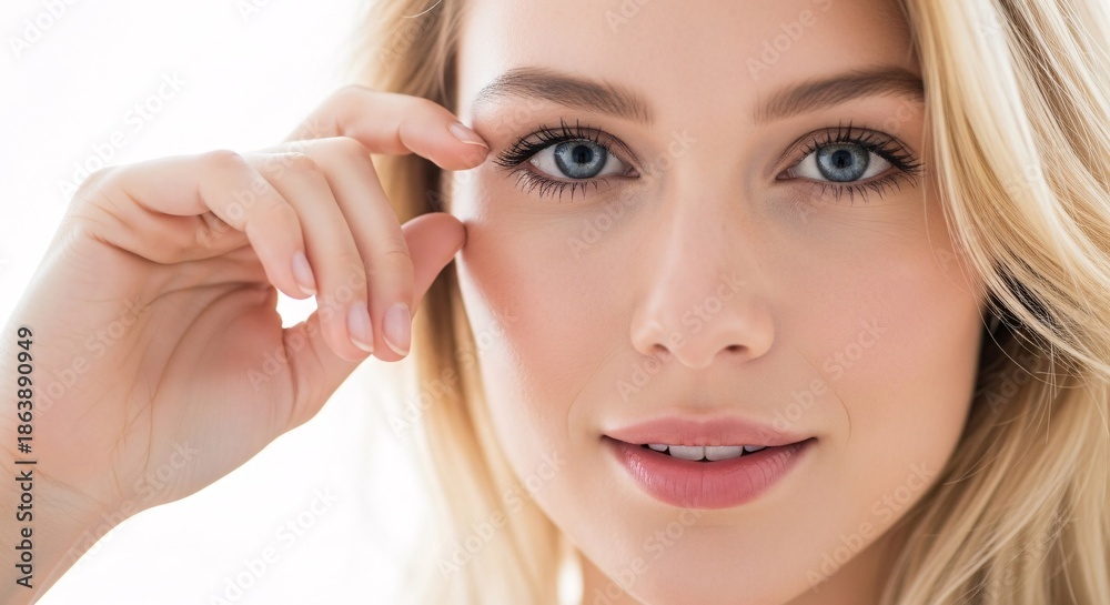 Fototapeta premium Close-up portrait of a young woman with clear skin and bright blue eyes adjusting her glasses in a well-lit studio setting for beauty and skincare promotion