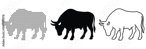 Three distinct styles of buffalo illustration: pixelated, solid silhouette, and outline