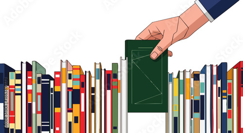 An illustrative hand reaches into a vibrant bookshelf, thoughtfully selecting a dark green book from a diverse collection, symbolizing education, knowledge, and wisdom.