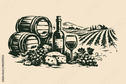 Wine vineyard still life ink sketch vector illustration