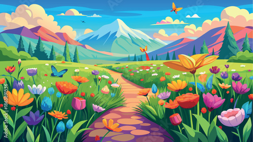 Vibrant Spring Meadow with Wildflowers Butterflies and Snow-Capped Mountain