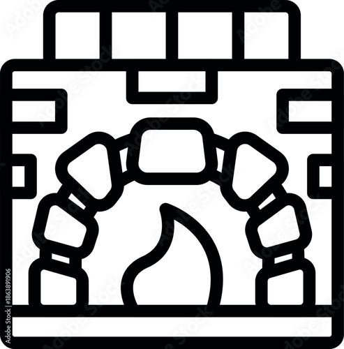 Cozy stone fireplace burning with a large flame, providing warmth and comfort in a home or cabin setting