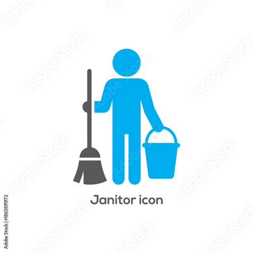 Flat janitor service icon with cleaner holding broom and bucket symbolizing housekeeping, sanitation, office maintenance, hygiene and cleaning jobs

