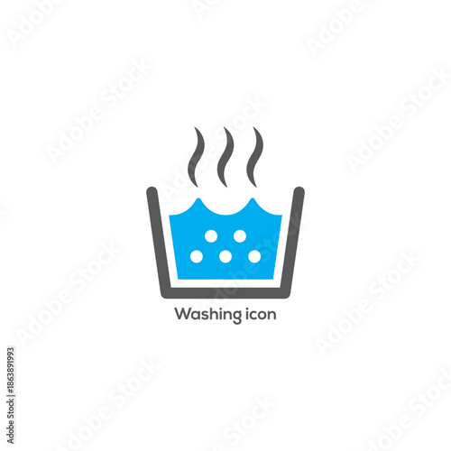 Flat hot washing icon with steaming water tub and bubbles for laundry care labels, cleaning instructions, detergent branding design

