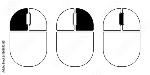 Computer mouse icons. Left-click, right-click, and mouse wheel scroll symbols. A set of icons for various PC mouse buttons. Vector illustration EPS 10