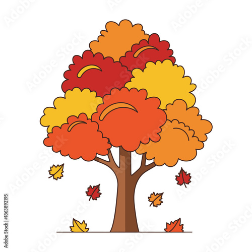 Autumn tree with falling leaves, vibrant fall colors, flat design
