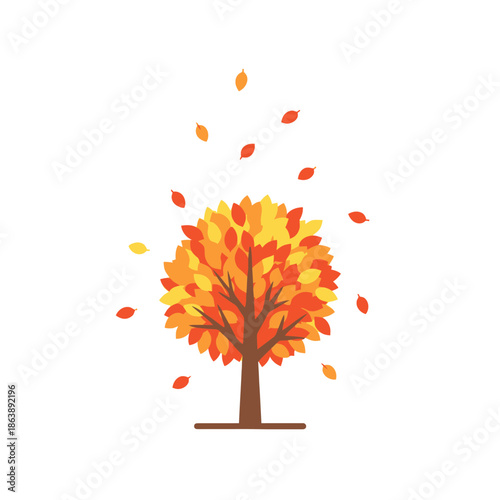 Vibrant Autumn Tree with Falling Leaves, Fall Season Icon, Vector Illustration