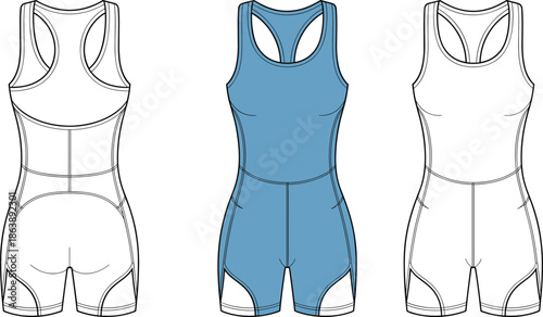 Athletic romper fashion illustration, racerback unitard with side panel detail in front and back views, cad drawing flat vector illustration