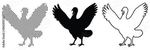 Bird with wings spread wide, presented as a pixelated graphic, solid silhouette, and outline