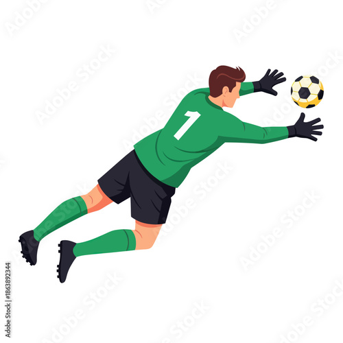 A dynamic vector illustration of a soccer goalkeeper in a green jersey with the number one, diving to make a save.
