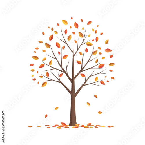 Autumn Tree with Falling Leaves - Vector Illustration