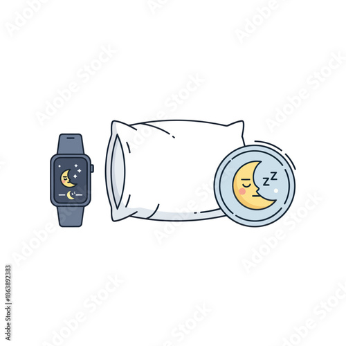 A flat line art illustration of a sleep tracking smartwatch, a white pillow, and a sleeping moon icon for health monitoring.
