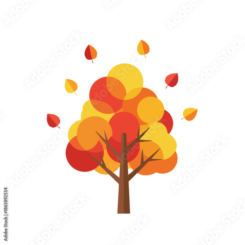 Autumn Tree with Falling Leaves, Flat Design Illustration, Seasonal Change