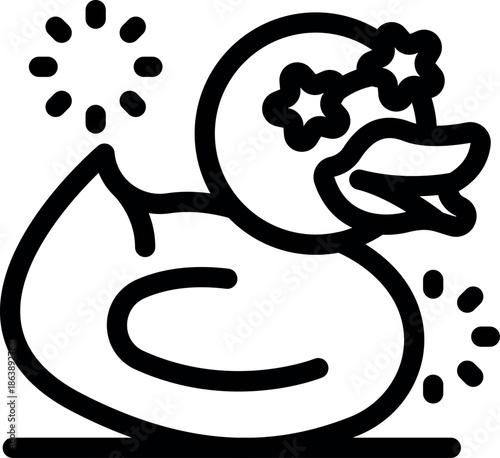 Cartoon rubber duck wearing a festive headband is enjoying a fireworks show