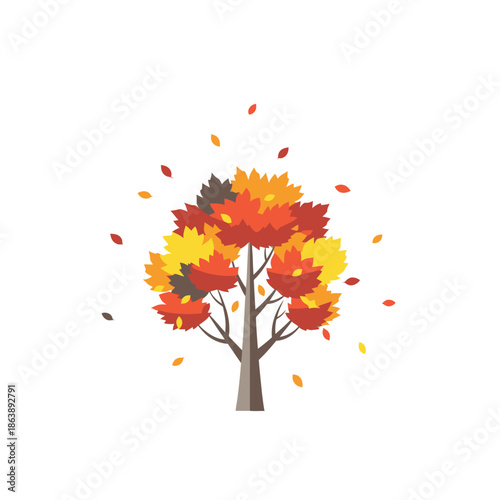 Vibrant Autumn Tree with Falling Leaves - Seasonal Foliage Illustration