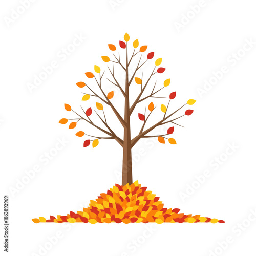 Autumn Tree with Pile of Colorful Fallen Leaves, Seasonal Change, Vector Illustration