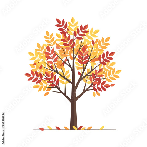 Vibrant Autumn Tree with Falling Leaves, Red and Yellow Foliage, Isolated on White